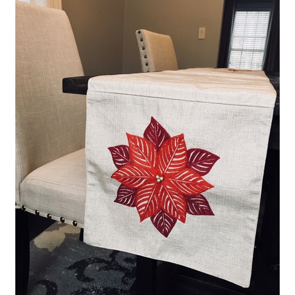 Metallic Gold Sparkly Red Holiday Christmas Poinsettia Table Runner Decor 71x14 - Picture 2 of 8